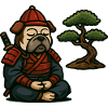Bulldog Samurai Meditating with Bonsai Tree