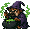 Bulldog Wizard Stirring Green Magic Cauldron