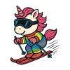 süßes Ski-Einhorn im Regenbogenanzug