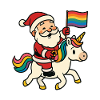 Süßer Weihnachtsmann reitet Einhorn mit Regenbogen