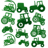Green tractors in silhouettes