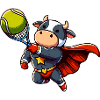 Superhero cow playing tennis with racket