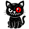 Black cat with red eye sitting