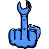 Blauer Mittelfinger mit Schraubenschlüssel