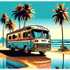 Retro camper on tropical beach