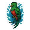 Oiseau Quetzal vert avec aquarelle bleue
