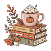 Herbstkaffee auf Bücherstapel