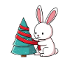 Rabbit ties tree with red ribbon
