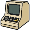 Retro-KI-Computer mit ikonischen Symbolen