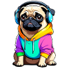 Pug with headphones and clothes