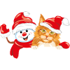 Waving happy snowman and ginger cat
