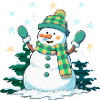 Cheerful snowman in winter forest