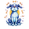 Cheerful blue dog with bones