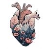 Anatomical heart with mountains and flowers