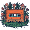 Retro-Kassette und Waldpilze