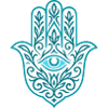 Mano mistica di Hamsa con occhio e ornamenti