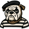 Pantomimenbulldogge im Schwarz-Weiß-Kostüm