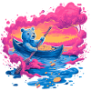 Neon bear in pink sunset canoe