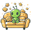 Cuddly alien on sunny sofa
