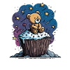 Cuddly bear on cupcake in space