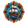 Flower Ring Sailing Ship Illustration