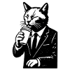 Cat in a suit drinks coffee