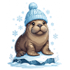Winter-Seelöwe mit blauer Mütze
