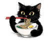 Chat noir mangeant des nouilles ramen