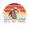 Sloth hiking team in retro sunset