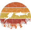 Diver and shark with retro sunset