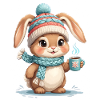 Lapin d’hiver avec écharpe et thé