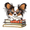 Süßes Papillon-Hundelesebuch mit Brille
