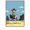 Cowboy riding emu in desert