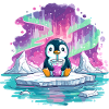 Pinguin auf Eis mit pinkem Drink