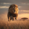 Lion en savane en sprint