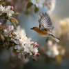 Spring sparrow in blossom flight
