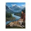 Wilde Berglandschaft mit Wolf und Frau