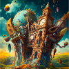 Surreal clock tower and globe