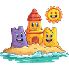 Funny sandpit castle with sun
