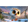 Flauschige Schnee-Eule mit Kulleraugen im Flug