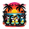 Sunset penguins on the palm beach