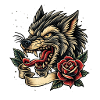 Wolf with rose ribbon