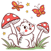 Whimsical Cat Among Mushrooms