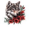 Wolf face with red flowers