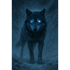 Blue-eyed wolf in a snowstorm