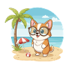 Søt Corgi med briller på stranden, sommerferie