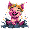 Cheerful Piggy with Floral Wreath