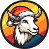 Bock mit Santa-Hut vor Regenbogen