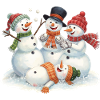 Vier lachende Schneemänner bei Schneeballschlacht
