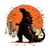Kaiju silhouette over city at sunset